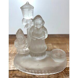 Frosted Glass Figurine Of Carolers With Lamp Post & Candle Holder